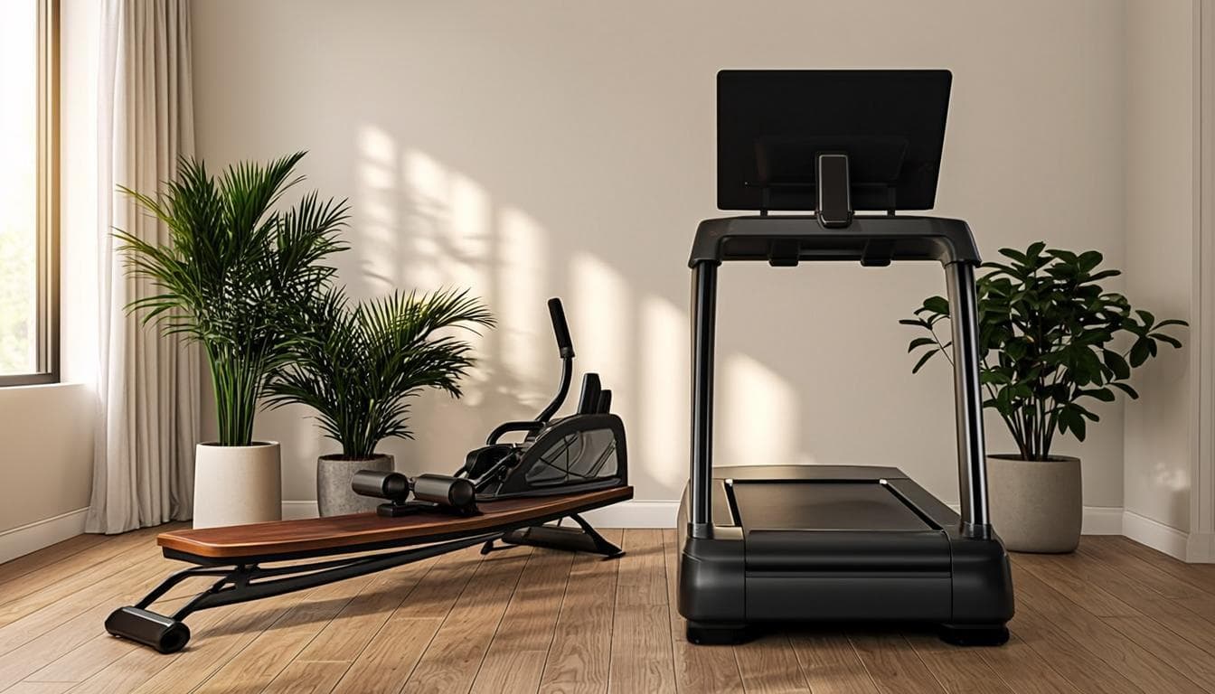 A rowing machine and walking pad in a sunlit home gym with warm oak floors
