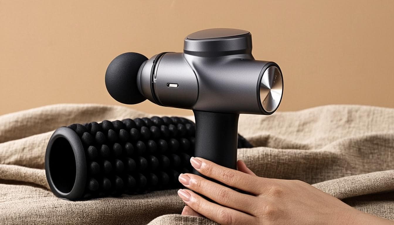 A massage gun and foam roller arranged on warm cream linen
