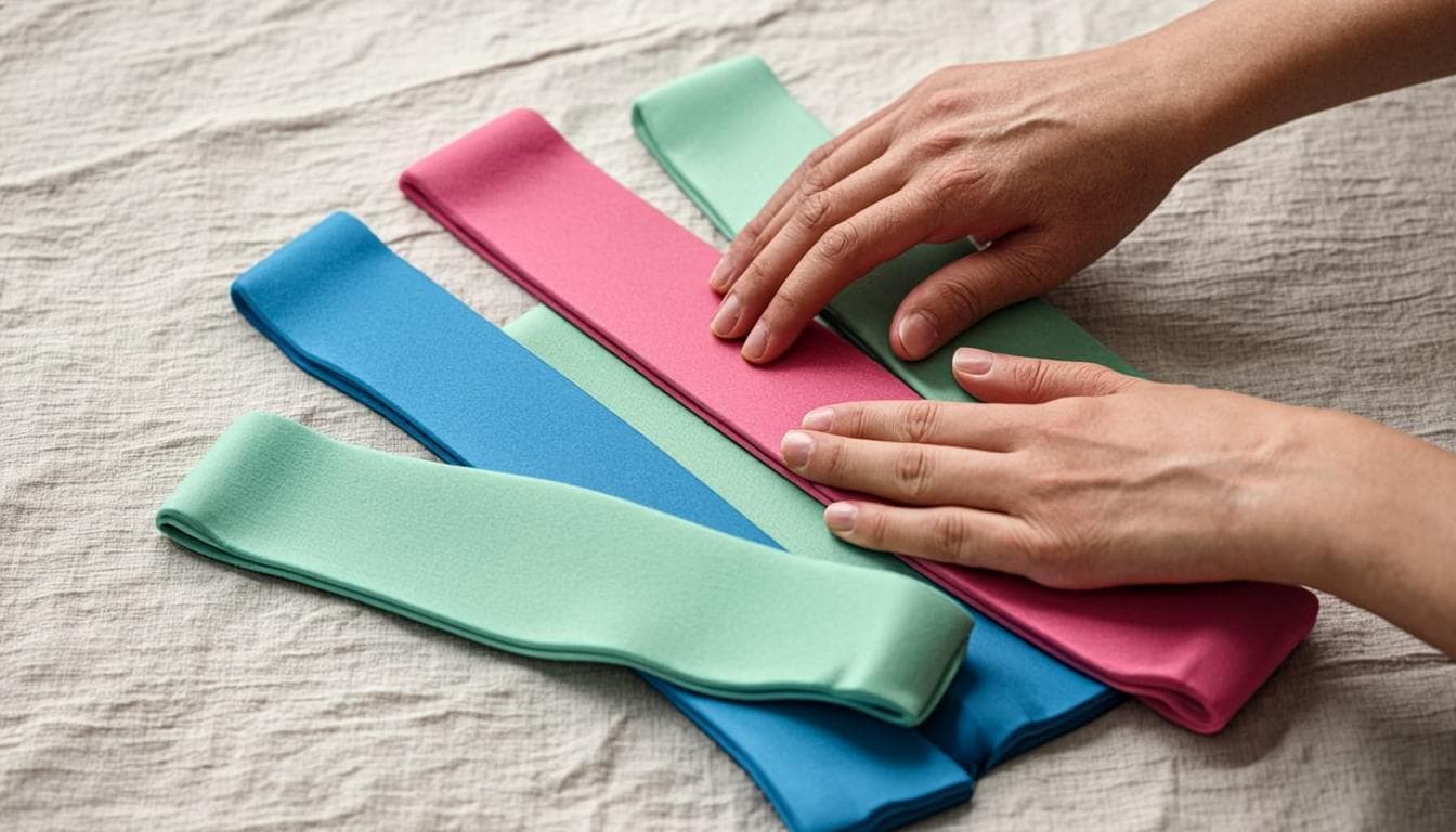 Colorful resistance bands arranged on warm cream linen