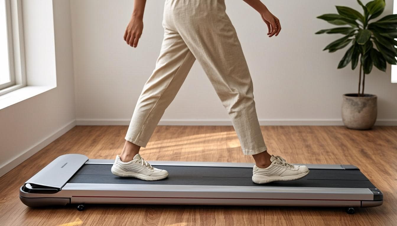 A walking pad treadmill in a sunlit minimalist home office with warm oak floors