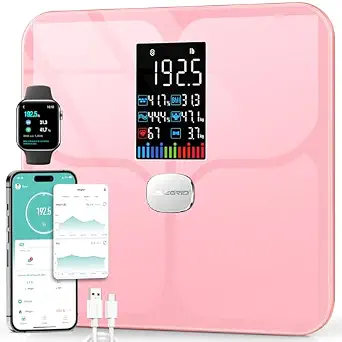 ABLEGRID Body Fat Scale,Digital Smart Bathroom Scale for Body Weight,Large Color Display Screen,22 Body Composition Metrics BMI,Water Weigh,Heart Rate,Baby Mode,400lb,Rechargeable-Rosegold