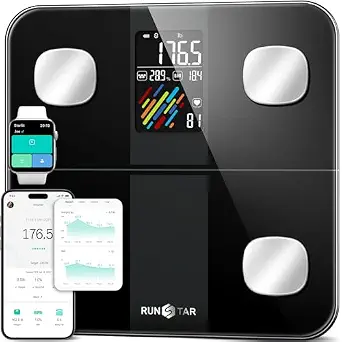 RunStar Smart Scale for Body Weight and Fat Percentage, High Accuracy Digital Bathroom Scale with Large Display for BMI Heart Rate 22 Body Composition Analyzer Sync with Fitness App 400lb