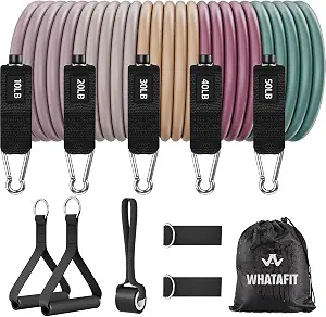 WHATAFIT Resistance Bands, Exercise Bands, Workout Bands with Handles, Door Anchor and Ankle Straps, 5 Resistance Levels Fitness Bands for Strength Training, Physical Therapy, and Home Gym Equipment